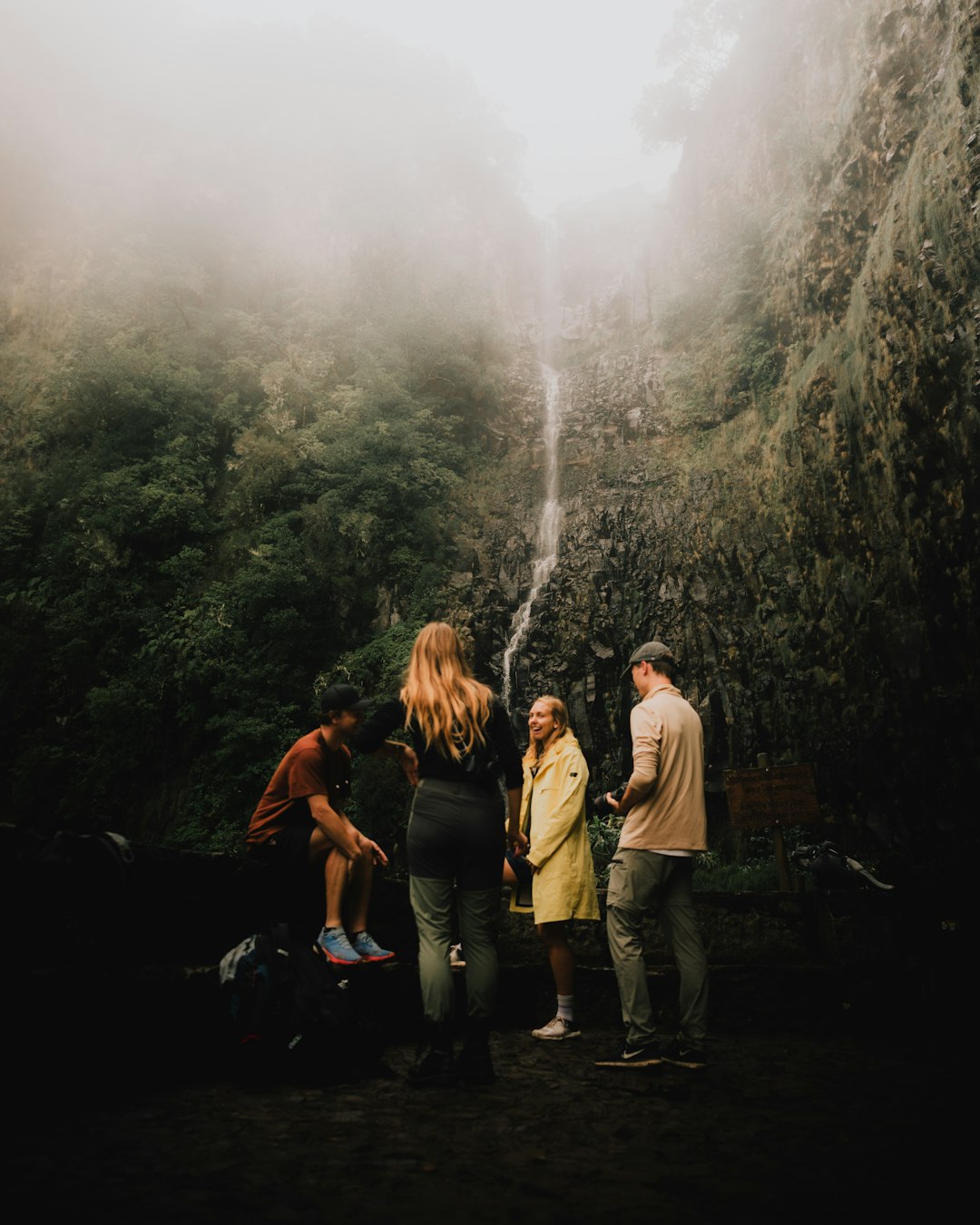 The crew posing in front of the Risco Waterfall.